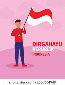 English Translation: Long live Indonesia. Man holding Indonesian flag isolated on background.