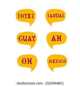 English translation oh ah mexico cool come on go on. Comics speech bubble set with Spanish words ah oh anda made of letters in mexican style. Label, text, quote, exclamation. Flat vector illustration