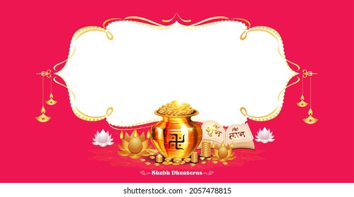 English translation: Shubh Labh or Good Luck. Wish you all a very happy Diwali dhanteras holiday banner design with Goddess Laxmi and golden jewellery coin and candle lights background