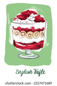 Diseño de trifles ingleses. Dibujado a mano. Imagen vectorial. Ideal para libros de cocina, menús, blogs de comida, diseños superficiales