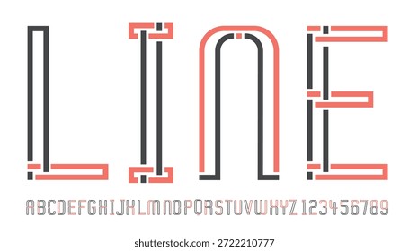An English typeface with interlaced black and red stripes creating a woven fabric effect