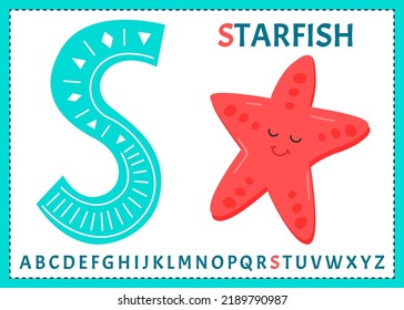 English uppercase alphabet letters on a white background. Letter S. Starfish. Vector illustration