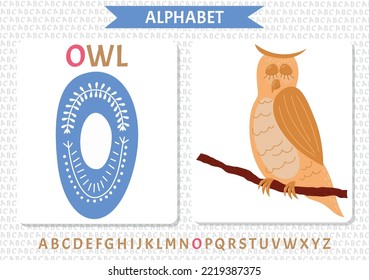 English uppercase alphabet letters on a white background. Letter O. Vector illustration. Magical musical owl with a pipe, flute.
