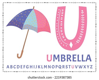 English uppercase alphabet letters on a white background. Letter U. Vector illustration. magical purple and multicolored rainbow umbrella.