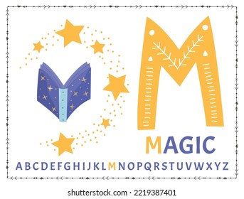 English uppercase alphabet letters on a white background. Letter M. Vector illustration. magic spell book