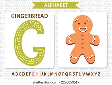 English uppercase alphabet letters on a white background. Letter G. Vector illustration. gingerbread man.