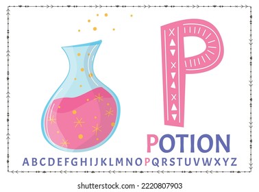 English uppercase alphabet letters on a white background. Letter P. Vector illustration. bottle of potion