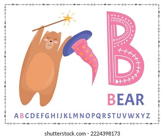 English uppercase alphabet letters on a white background. Letter B. Vector illustration. Bear magician, sorcerer with a magic wand.