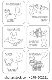 English U-Z alphabet family kids game. Coloring pages with animals and letters that can be used for learning, education, relax, childish games. Vector cartoon doodle illustrations for print