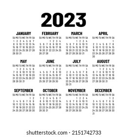 English vector calendar 2023 year. Black and white simple square template. New year. Week starts on Sunday