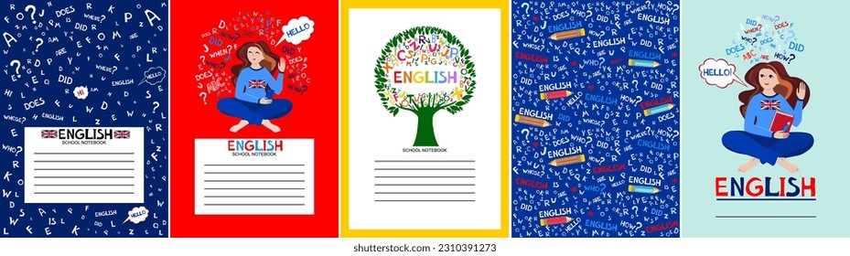 Inglés. Portadas de las plantillas de iluminación de vectores para portátiles, planificadores, folletos, libros, catálogos. Cubierta para un cuaderno escolar o libro de texto en inglés. En blanco para afiches educativos o científicos. 