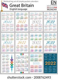 English vertical Big set of pocket calendars for 2022 (two thousand twenty two). Week starts Monday. New year. Color simple design. Vector