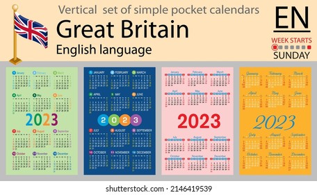 English vertical pocket calendar for 2023 (two thousand twenty three). Week starts Sunday. New year. Color simple design. Vector