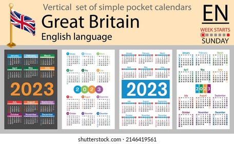 English vertical pocket calendar for 2023 (two thousand twenty three). Week starts Sunday. New year. Color simple design. Vector