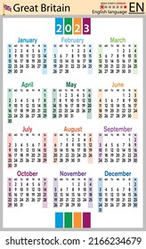 English vertical pocket calendar for 2023 (two thousand twenty three). Week starts Sunday. New year. Color simple design. Vector