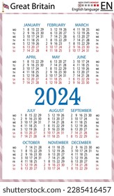 English vertical pocket calendar for 2024 (two thousand twenty four). Week starts Monday. New year. Color simple design. Vector