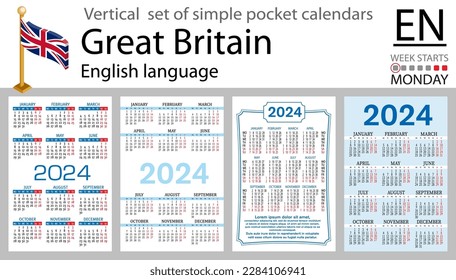 English vertical set of pocket calendar for 2024 (two thousand twenty four). Week starts Monday. New year. Color simple design. Vector