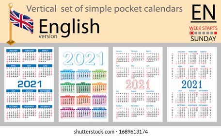 English vertical set of pocket calendars for 2020 (two thousand twenty one). Week starts Monday. New year. Color simple design. Vector