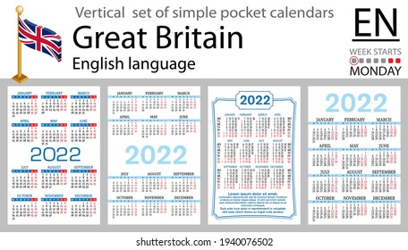 English vertical set of pocket calendars for 2022 (two thousand twenty two). Week starts Monday. New year. Color simple design. Vector