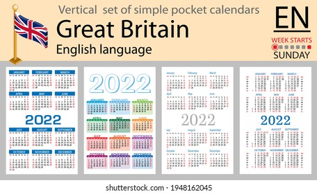 English vertical set of pocket calendars for 2022 (two thousand twenty two). Week starts Sunday. New year. Color simple design. Vector