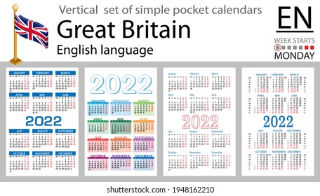 English vertical set of pocket calendars for 2022 (two thousand twenty two). Week starts Monday. New year. Color simple design. Vector