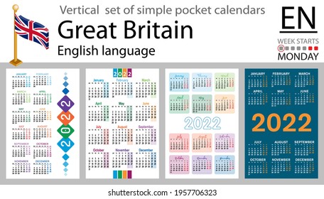 English vertical set of pocket calendars for 2022 (two thousand twenty two). Week starts Monday. New year. Color simple design. Vector