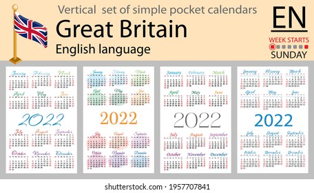 English vertical set of pocket calendars for 2022 (two thousand twenty two). Week starts Sunday. New year. Color simple design. Vector