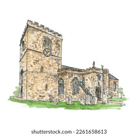 English village church, stone, square tower. St Mary Bletchingly. Watercolour illustration. Isolated vector.