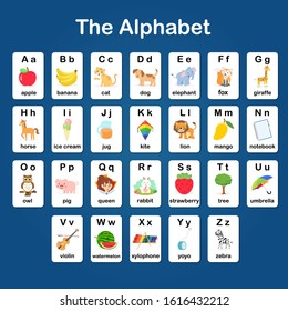 English Vocabulary And Alphabet Flash Card Vector For Kids To Help Learning And Education In Kindergarten Children. Words Of Letter Abc To Z ,each Card Isolated On Blue Background.