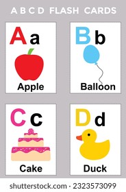 Vector de tarjetas flash de vocabulario y alfabeto inglés para niños que ayudan a aprender y educar en niños de kindergarten. Palabras de letra abcd a z, cada tarjeta aislada del fondo.