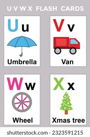 English vocabulary and alphabet flash card vector for kids to help learning and education in kindergarten children. Words of letter abc to z , isolated from background. words of letters UVWX.

