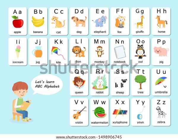 幼稚園児の学習や教育に役立つ英単語やアルファベットのフラッシュカードベクター画像 白い背景に文字abcからzの単語 各カード のベクター画像素材 ロイヤリティフリー