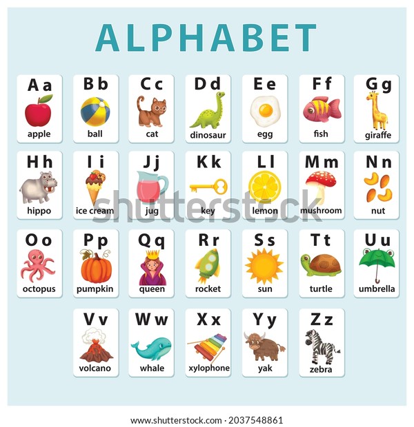 English vocabulary and\
alphabet flash card vector for kids to help learning and education\
in kindergarten children. Words of letter abc to z ,each card\
isolated on\
background.
