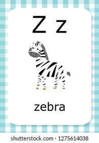 English vocabulary flash card vector for learning and education in kindergarten children. Words of letter Z for zebra.