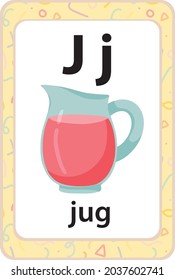 English vocabulary flash card vector for learning and education in kindergarten children. Alphabet Words of letter J for jug
