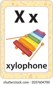 English vocabulary flash card vector for learning and education in kindergarten children. Alphabet Words of letter X for xylophone
