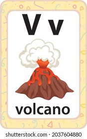 Vector de tarjetas flash de vocabulario inglés para el aprendizaje y la educación en niños de guardería. Palabras de letra v para el volcán
