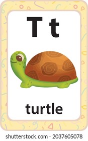 Vector de tarjetas flash de vocabulario inglés para el aprendizaje y la educación en niños de guardería. Palabras alfabéticas de la letra T para la tortuga
