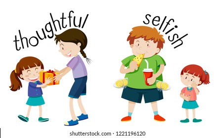 English vocabulary word thoughtful and selfish illustration