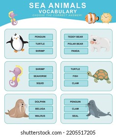 English Vocabulary Worksheet For Toddlers. Introduction Worksheet To Sea Animals For Children. Educational Worksheet Game. Vector Illustration File. 