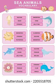 English Vocabulary Worksheet For Toddlers. Introduction Worksheet To Sea Animals For Children. Educational Worksheet Game. Vector Illustration File. 