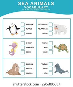 English Vocabulary Worksheet For Toddlers. Introduction Worksheet To Sea Animals For Children. Educational Worksheet Game. Vector Illustration File. 