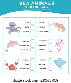 English Vocabulary Worksheet For Toddlers. Introduction Worksheet To Sea Animals For Children. Educational Worksheet Game. Vector Illustration File. 