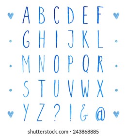 English watercolor alphabet with hand drawn tall letters. Vector type font.