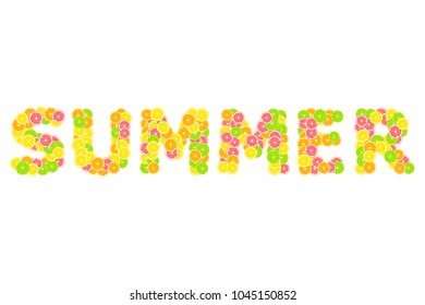 English word summer. Citrus tropical print composed of yellow lemon, green lime, pink grapefruit and orange on white background.