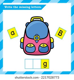 English worksheet for kids - write the missing letters - alphabet practice worksheet - Bag