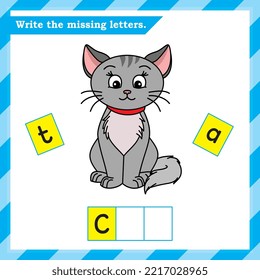 Hoja de cálculo en inglés para niños - escribir las letras que faltan - hoja de cálculo de práctica del alfabeto - Cat