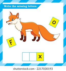 Englisches Arbeitsblatt für Kinder - die fehlenden Buchstaben schreiben - alphabetisches Arbeitsblatt - Fox