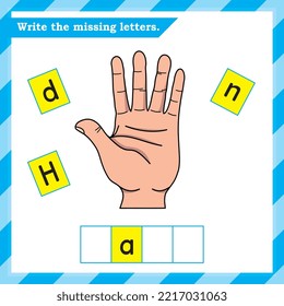 English worksheet for kids - write the missing letters - alphabet practice worksheet - Hand