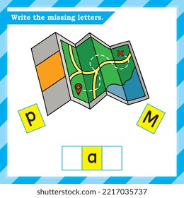 English worksheet for kids - write the missing letters - alphabet practice worksheet - Map